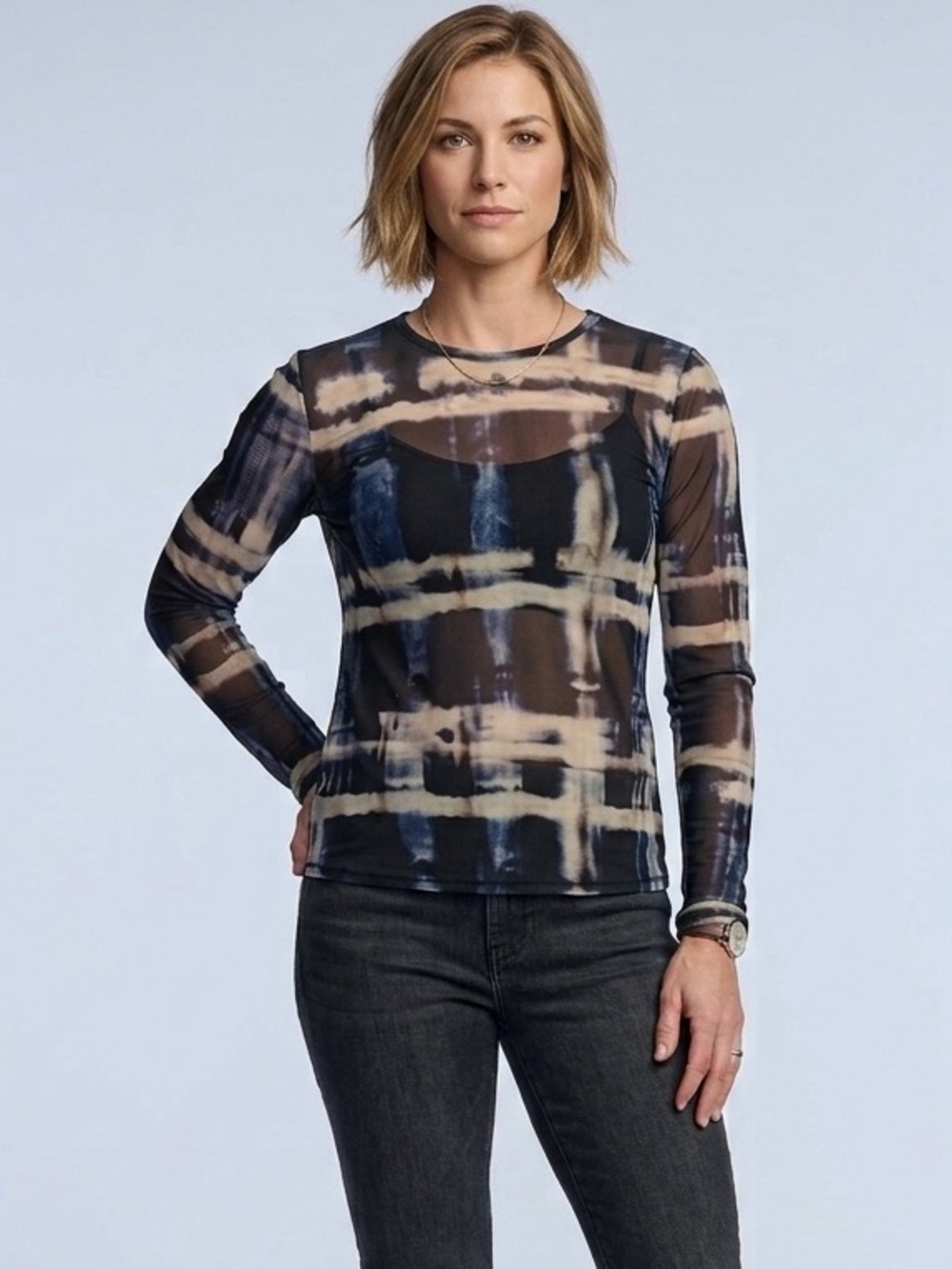 062 REBECCA MINKOFF Women’s Sheer Long Sleeve Blurred Grid Top - XL